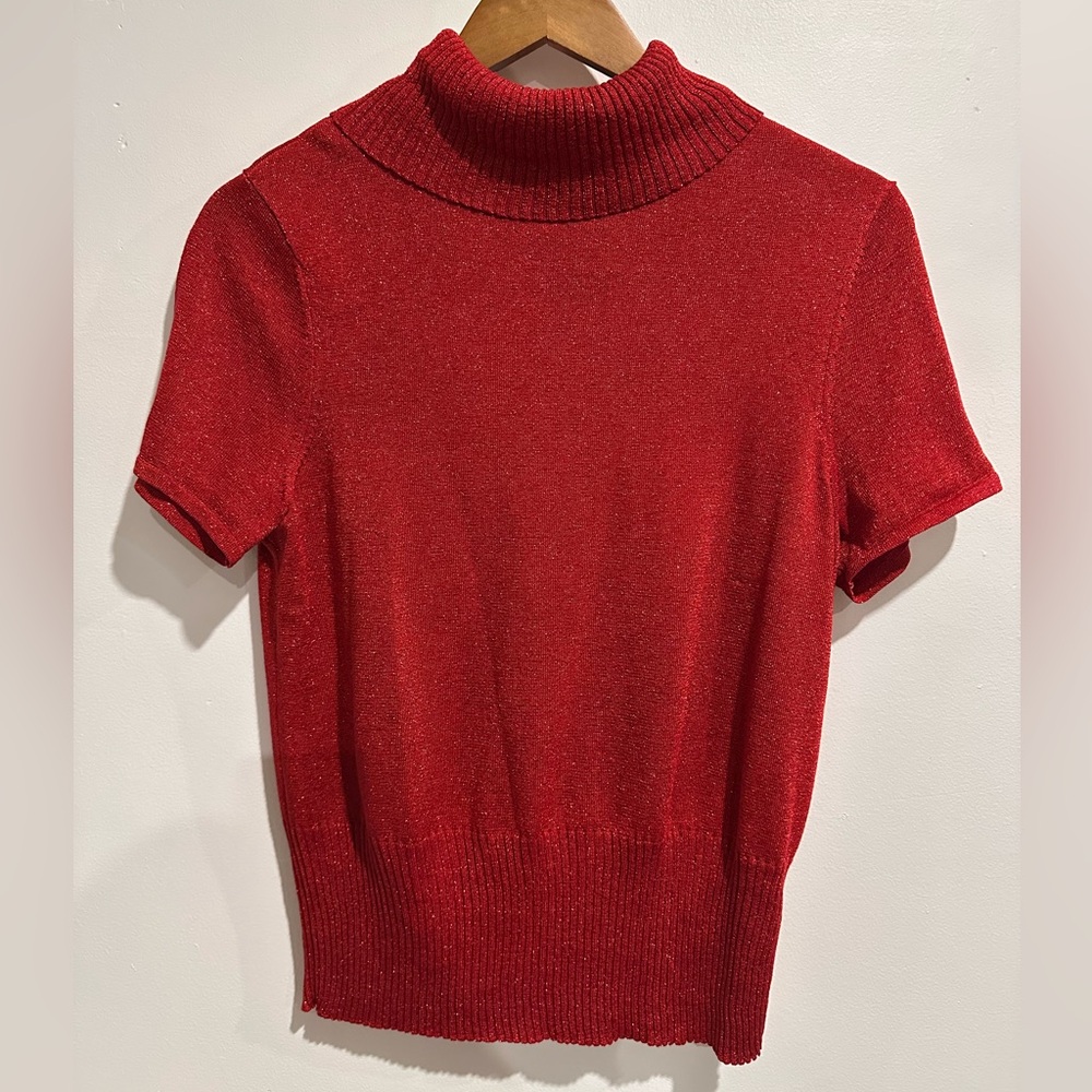NYGARD COLLECTION Vintage‎ Holiday Red Metallic Silk Blend Turtleneck Top Size M